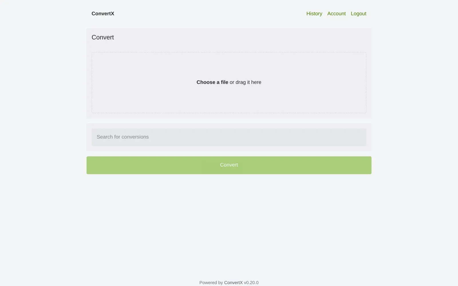 Interface principale de ConvertX Docker juste après connexion, avec la zone de dépôt de fichiers