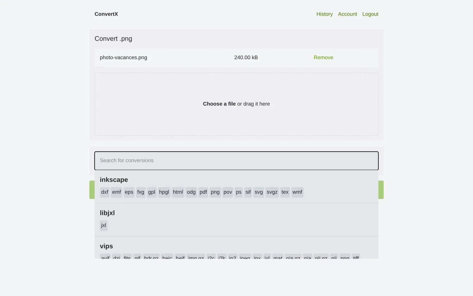 Popup de ConvertX Docker listant les formats de sortie disponibles, regroupés par outil de conversion
