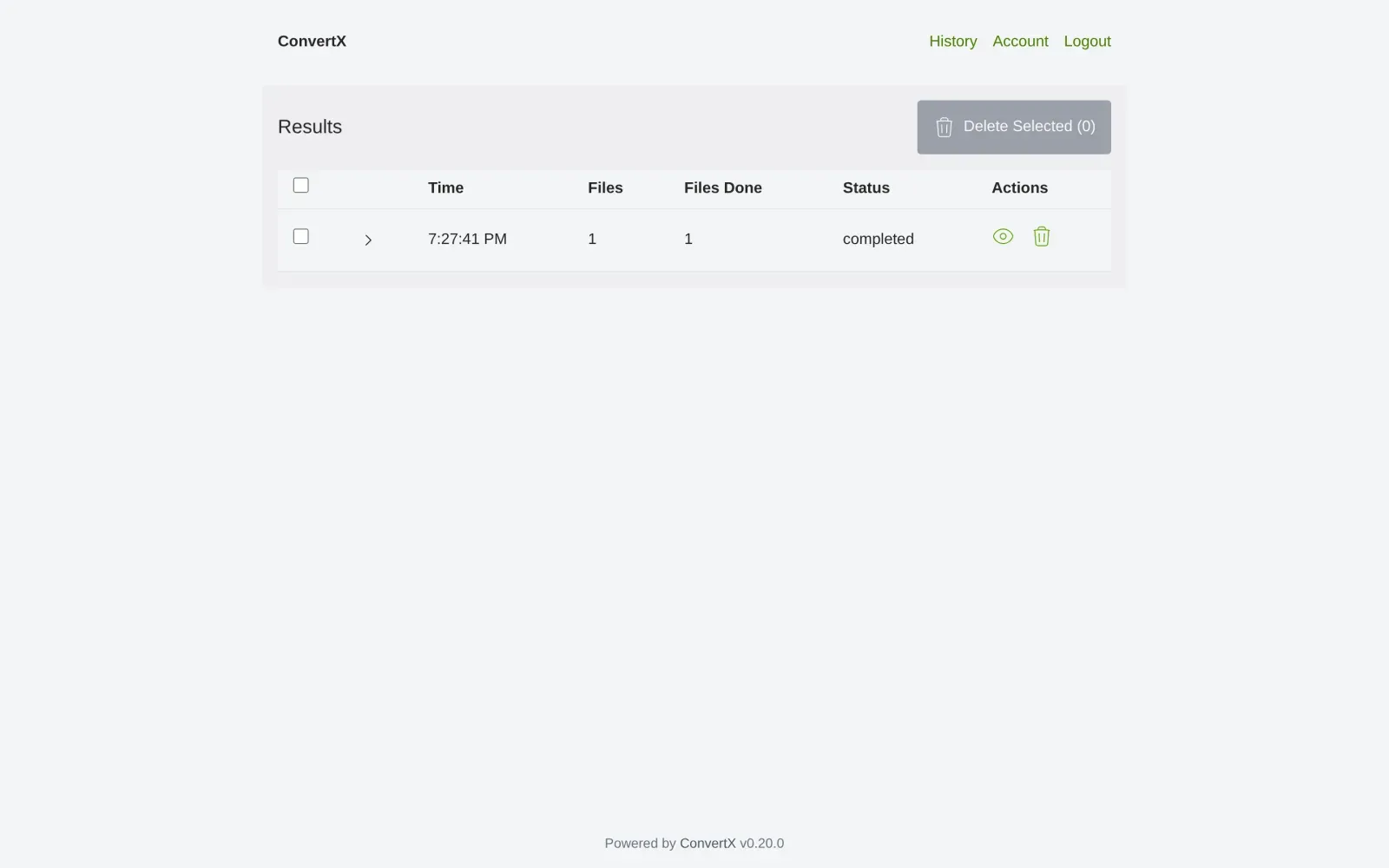 Page d'historique de ConvertX Docker montrant une conversion de fichier terminée avec succès