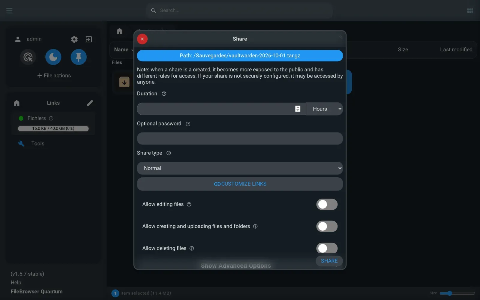 Fenêtre de partage de FileBrowser Quantum : durée, mot de passe optionnel, type de partage et droits accordés