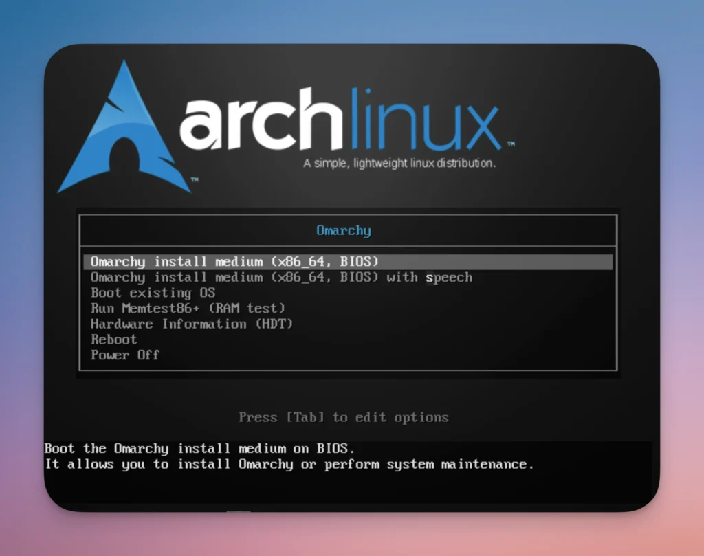 Menu d'installation d'Omarchy sur Arch